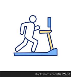 Treadmill RGB color icon. Regular running machine sessions. Burning calories and belly fat. At-home jogging during quarantine. Weight control. Living healthier life. Isolated vector illustration. Treadmill RGB color icon
