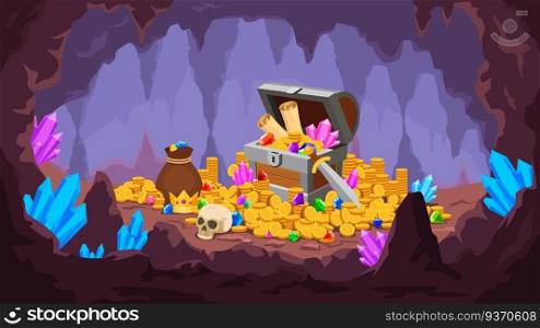 Treasure cave. Mine with pile of gold coins, crystals, old chest with map and gem, money bag and skull. Cartoon pirate treasury vector scene. Illustration cave with gem stone and treasure. Treasure cave. Mine with pile of gold coins, crystals, old chest with map and gem, money bag and skull. Cartoon pirate treasury vector scene