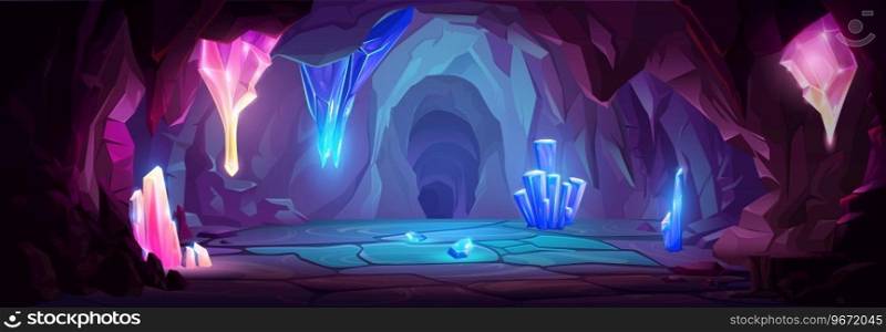 Treasure cave with blue crystals on walls. Vector cartoon illustration of underground mine tunnel with sparkling diamond gem stones, rocky mineral stalactites on ceiling in dungeon, game background. Treasure cave with blue crystals on walls