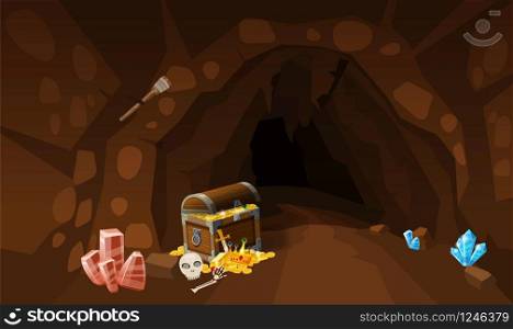 Treasure cave with chest gold coins, gems. Concept, art for computer game. Treasure cave with chest gold coins, gems. Concept, art for computer game. Background image to use games, apps, banners, graphics. Vector cartoon illustration