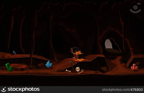 Treasure cave with chest gold coins, gems. Concept, art for computer game. Treasure cave with chest gold coins, gems. Concept, art for computer game. Background image to use games, apps, banners, graphics. Vector cartoon illustration