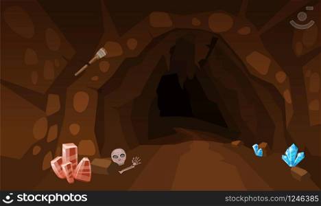 Treasure cave with crystals. Concept, art for computer game. Treasure cave with crystals. Concept, art for computer game. Background image to use games, apps, banners, graphics. Vector cartoon illustration