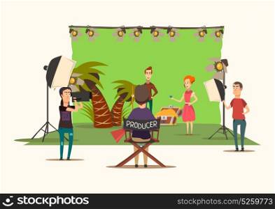 Treasure Chest Movie Composition. Lucky situations movie shooting composition with film set design imitating treasure island scenery with production unit vector illustration