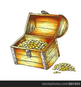 Treasure Chest Piles Of Coins Around Color Vector. Medieval Open Wooden Chest Box With Jewelry Precious. Wealth Engraving Template Hand Drawn In Retro Style Illustration. Treasure Chest Piles Of Coins Around Color Vector