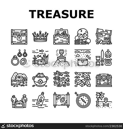 Treasure Golden Jewels In Chest Icons Set Vector. Pirate Gold And Skull, Gemstone And Jewelry Accessories, Leprechaun And Compass Equipment For Searching Treasure Black Contour Illustrations. Treasure Golden Jewels In Chest Icons Set Vector