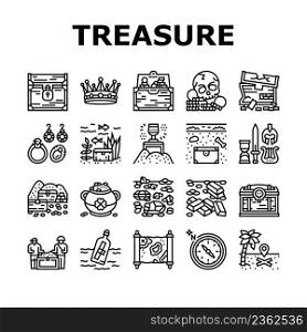 Treasure Golden Jewels In Chest Icons Set Vector. Pirate Gold And Skull, Gemstone And Jewelry Accessories, Leprechaun And Compass Equipment For Searching Treasure Black Contour Illustrations. Treasure Golden Jewels In Chest Icons Set Vector