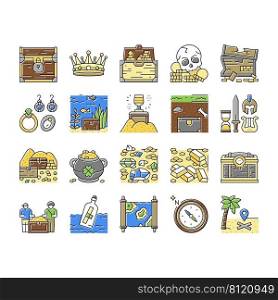 Treasure Golden Jewels In Chest Icons Set Vector. Pirate Gold And Skull, Gemstone And Jewelry Accessories, Leprechaun And Compass Equipment For Searching Treasure Color Illustrations. Treasure Golden Jewels In Chest Icons Set Vector