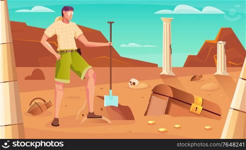 Treasure hunt background with chest digging symbols flat vector illustration