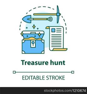 Treasure hunt concept icon. Arheological expedition. Historical research. Search and excavation of ancient antique chest idea thin line illustration. Vector isolated outline drawing. Editable stroke