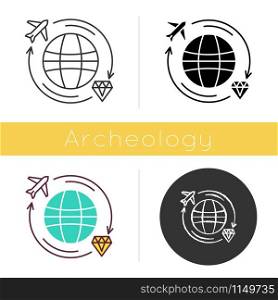 Treasure hunt icon. Worldwide search for ancient artifacts. Discover jewels. Travel to explore. Acquiaring diamond. . Repatriation. Flat design, linear and color styles. Isolated vector illustrations