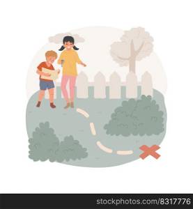 Treasure hunt isolated cartoon vector illustration. Scavenger hunt for kids, family leisure time, children holding a map with clues, treasure hunting game, searching on backyard vector cartoon.. Treasure hunt isolated cartoon vector illustration.