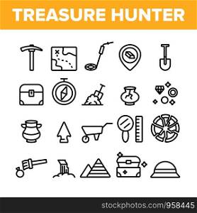 Treasure Hunter Collection Tool Vector Icons Set Thin Line. Map With Direction To Treasure, Compass And Miner Work Equipment Concept Linear Pictograms. Monochrome Contour Illustrations. Treasure Hunter Collection Tool Vector Icons Set