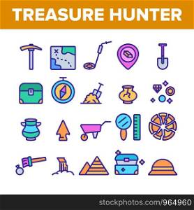 Treasure Hunter Collection Tool Vector Icons Set Thin Line. Map With Direction To Treasure, Compass And Miner Work Equipment Concept Linear Pictograms. Color Contour Illustrations. Treasure Hunter Color Tool Vector Icons Set