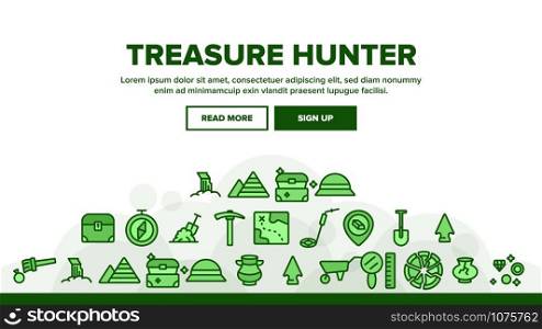 Treasure Hunter Landing Web Page Header Banner Template Vector. Map With Direction To Treasure, Compass And Miner Work Equipment Illustration. Treasure Hunter Landing Header Vector