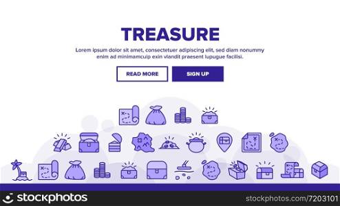 Treasure Pirate Gold Landing Web Page Header Banner Template Vector. Treasure Chest And Bag With Golden Coins, Map With Location And Island, Illustrations. Treasure Pirate Gold Landing Header Vector
