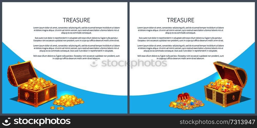 Treasure posters set precious treasures in heavy chest. Medieval money hidden in containers vector. Shiny gold ancient coins in old open wooden chests.. Treasure Posters Set Gold Ancient Coins Chests
