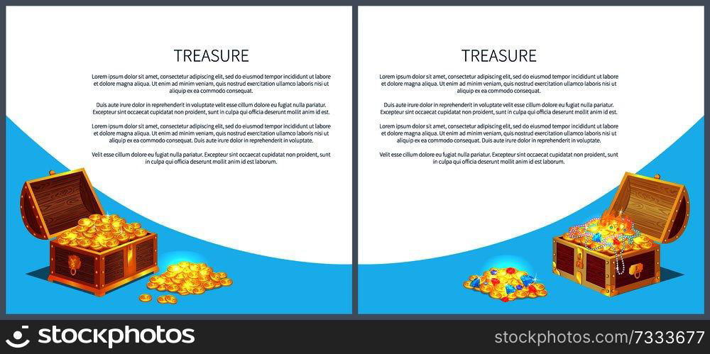 Treasure posters set precious treasures in heavy chest. Medieval money hidden in containers vector. Shiny gold ancient coins in old open wooden chests.. Treasure Posters Set Gold Ancient Coins Chests