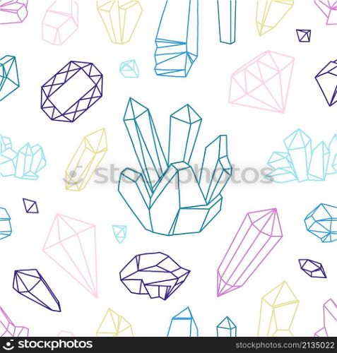 Treasure stones pattern. Seamless print with outline diamond and crystals gemstones. Faceted gems. Natural minerals. Precious ruby and amethyst. Line rhinestone. Luxury jewels. Vector rock texture. Treasure stones pattern. Seamless print with diamond and crystals gemstones. Faceted gems. Natural minerals. Precious ruby and amethyst. Line rhinestone. Luxury jewels. Vector texture