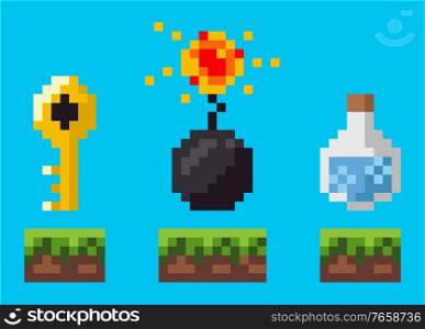 Treasure symbols on ground, key and bombshell, flask on grass, award sign of pixel adventure game, flask and detonation isolated on blue, map vector. Award Symbols of Pixel Game, Adventure Vector