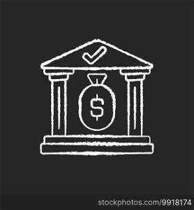 Treasury chalk white icon on black background. Government department related to finance and taxation. Location where precious items are kept. Isolated vector chalkboard illustration. Treasury chalk white icon on black background