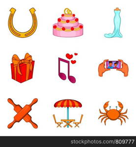 Treat icons set. Cartoon set of 9 treat vector icons for web isolated on white background. Treat icons set, cartoon style