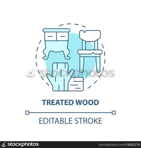 Treated wood blue concept icon. Wooden furniture recycling abstract idea thin line illustration. Lumber reprocessing. Waste collection service. Vector isolated outline color drawing. Editable stroke. Treated wood blue concept icon