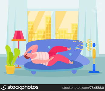 Treating summertime heat stroke home remedies flat composition with lying on sofa near electric fan vector illustration