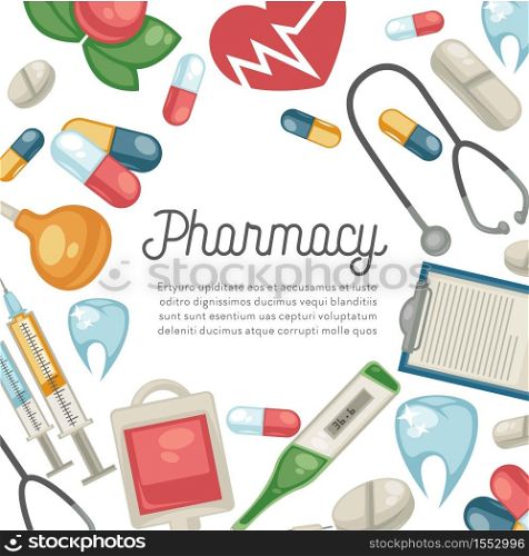 Treatment and healthcare pharmacy pills and syringe therapy and dentistry vector capsule and enema heart rate and stethoscope thermometer and tooth implant prescription medicine and medication. Pharmacy pills and syringe treatment and healthcare therapy and dentistry