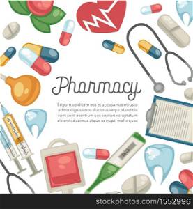 Treatment and healthcare pharmacy pills and syringe therapy and dentistry vector capsule and enema heart rate and stethoscope thermometer and tooth implant prescription medicine and medication. Pharmacy pills and syringe treatment and healthcare therapy and dentistry