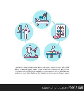 Treatment and rehabilitation concept icon with text. Getting back and improving physical abilities. PPT page vector template. Brochure, magazine, booklet design element with linear illustrations. Treatment and rehabilitation concept icon with text