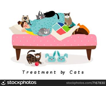 Treatment by cats, sick lady in be with cute kittens around, vector illustration. Treatment by cats