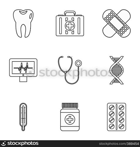 Treatment icons set. Outline illustration of 9 treatment vector icons for web. Treatment icons set, outline style