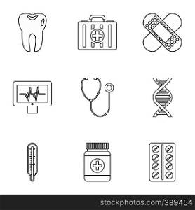 Treatment icons set. Outline illustration of 9 treatment vector icons for web. Treatment icons set, outline style