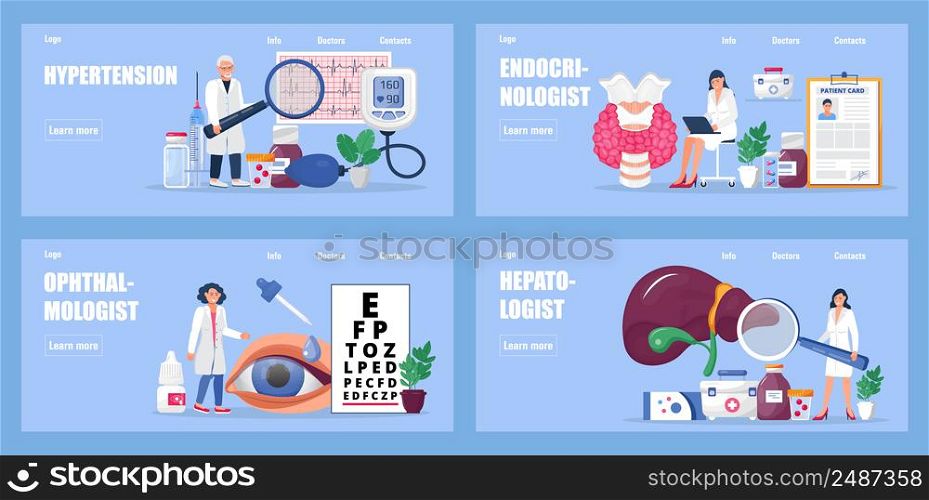 Treatment of hypothyroidism, hepatitis, hypertension, myopia illustration. Doctor&rsquo;s appointment. Endocrinologist, ophthalmologist cardiologist concept vector. Treatment of hypothyroidism, hepatitis, hypertension, myopia illustration. Doctor s appointment. Endocrinologist, ophthalmologist