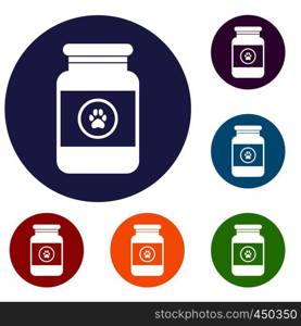 Treatment solution for animals icons set in flat circle reb, blue and green color for web. Treatment solution for animals icons set