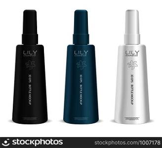 Treatment spray cosmetic bottles set. Cosmetic container mockups in black, white and green colors. 3d vector illustration design with sample label and logo.. Treatment spray cosmetic bottles set. Cosmetic