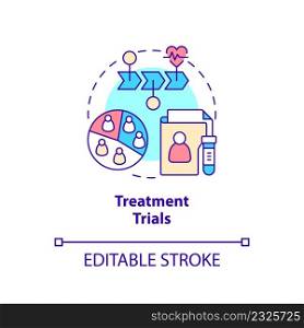 Treatment trials concept icon. Medical research. Type of clinical studies abstract idea thin line illustration. Isolated outline drawing. Editable stroke. Arial, Myriad Pro-Bold fonts used. Treatment trials concept icon