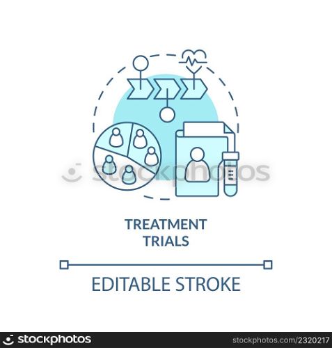 Treatment trials turquoise concept icon. Medical research. Type of clinical studies abstract idea thin line illustration. Isolated outline drawing. Editable stroke. Arial, Myriad Pro-Bold fonts used. Treatment trials turquoise concept icon