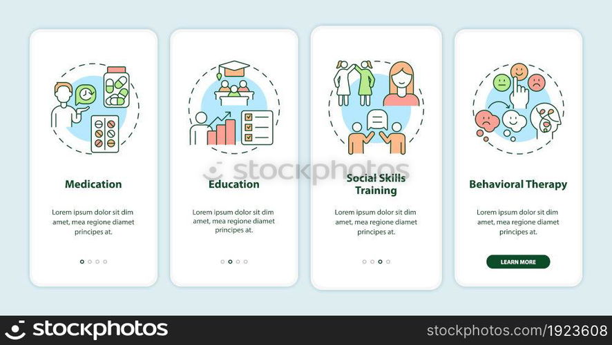 Treatments for ADHD in adults onboarding mobile app page screen. Behavioral therapy walkthrough 4 steps graphic instructions with concepts. UI, UX, GUI vector template with linear color illustrations. Treatments for ADHD in adults onboarding mobile app page screen