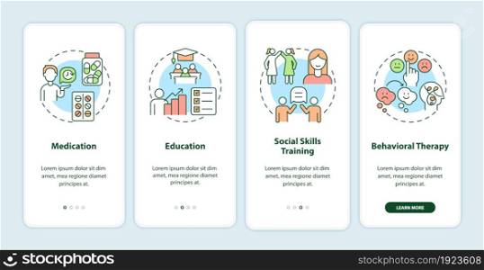 Treatments for ADHD in adults onboarding mobile app page screen. Behavioral therapy walkthrough 4 steps graphic instructions with concepts. UI, UX, GUI vector template with linear color illustrations. Treatments for ADHD in adults onboarding mobile app page screen