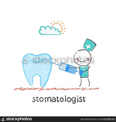 treats tooth with a syringe. Fun cartoon style illustration. The situation of life.