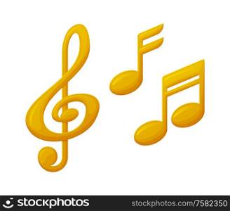 Treble clef and note sign music award, reward of musical players and singers vector. Isolated icons of gold prizes, trophy for winners in music competitions. Treble Clef and Note Sign Music Award, Reward