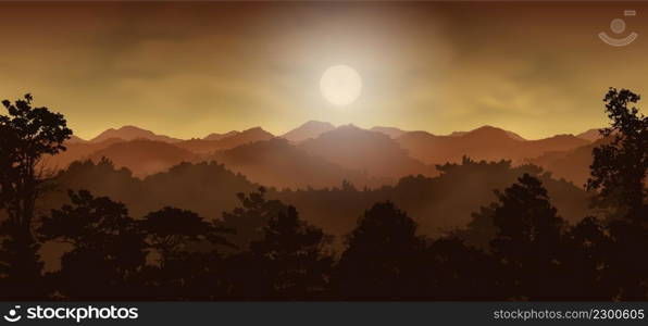 tree and mountain landscape with hills and forest silhouette under sky and fog, Vector illustration