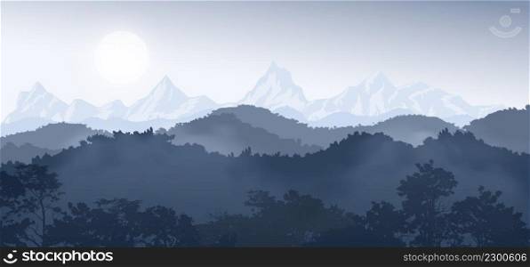 tree and mountain landscape with hills and forest silhouette under sky and fog, Vector illustration