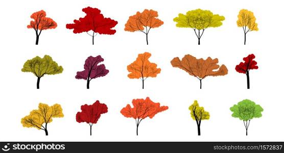 Tree. Autumn trees different shape and color. Autumn tree, isolated. Trees in flat modern design. Vector illustration