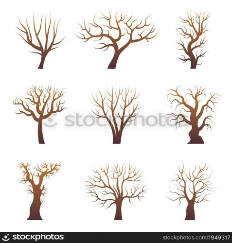 Tree branch silhouettes. Abstract forest trees without leaves natural plants vector set. Illustration forest branch tree, nature stylized wood trunk. Tree branch silhouettes. Abstract forest trees without leaves natural plants vector set