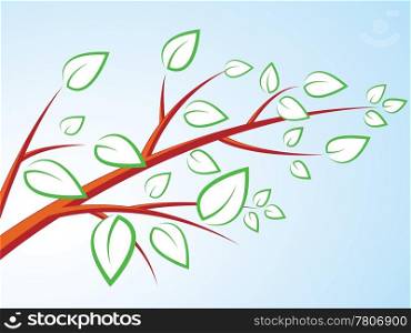 Tree branch with leaves over blue sky. Vector illustration.