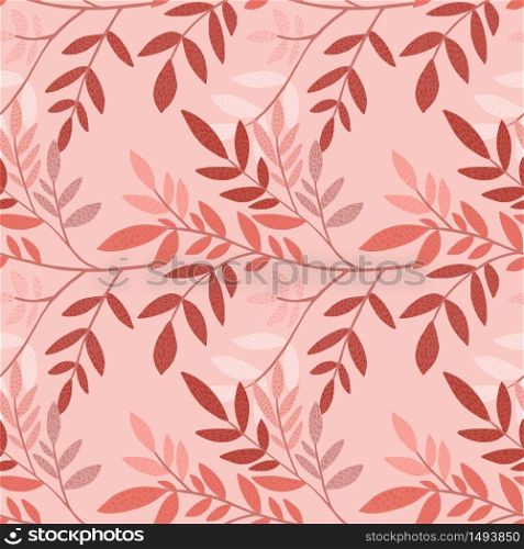 Tree branches seamless pattern. Red leaves silhouette wallpaper. Decorative twigs. Nature background. Vintage vector illustration. Design for fabric, textile print, wrapping paper, cover.. Tree branches seamless pattern. Red leaves silhouette wallpaper. Decorative twigs. Nature background.