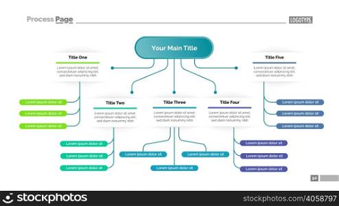 Tree chart with five elements. Flow diagram, graph, layout. Creative concept for infographics, presentation, project, report. Can be used for topics like business, workflow, planning