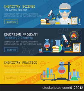 Tree Chemistry Horizontal Banners . Scientific and practical chemistry horizontal banners set with equipment for research and education flat vector illustration
